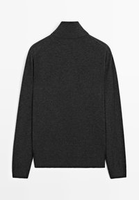Dark gray sweater with a high collar, long sleeves, and a soft texture. Hem and cuffs have a subtle ribbed pattern.
