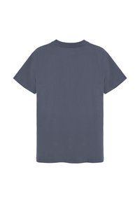 Grå bomullströja med rund hals, korta ärmar och rak fåll. Enkel design, inga grafik eller utsmyckningar.