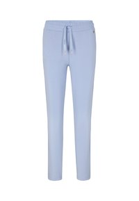 Lichtblauwe slim-fit sweatpants met een elastische tailleband, verstelbaar trekkoord en een klein metalen logo-detail nabij de zak.