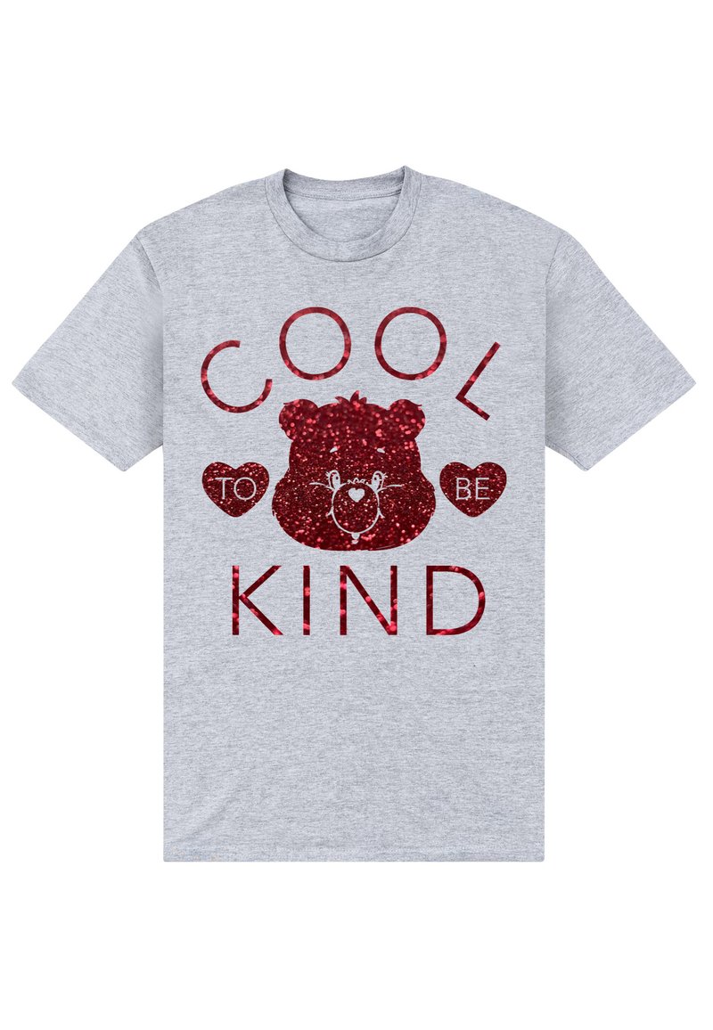 Camiseta de algodón gris con un gráfico de un oso rojo brillante rodeado de corazones y el texto "ES GENIAL SER AMABLE" en una fuente audaz y juguetona.