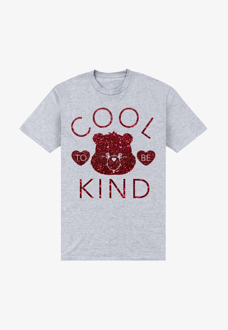 Camiseta de algodón gris con un gráfico de un oso rojo brillante rodeado de corazones y el texto "ES GENIAL SER AMABLE" en una fuente audaz y juguetona.