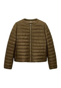 Giacca imbottita verde oliva con scollatura rotonda, maniche lunghe e zip frontale. Presenta una texture trapuntata orizzontale.
