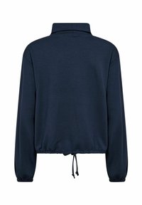 Dunkelblauer, langärmeliger Pullover mit hohem Kragen, elastischem Saum und verstellbarem Kordelzug. Weiche Textur, lässiges Design, minimalistischem Stil.