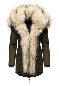 Chaqueta parka de color verde oliva con un gran y suave cuello de piel sintética, cierre de cremallera y botones, dos bolsillos frontales y puños acanalados.