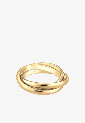 Gold-plated silver ring featuring intertwined loops with a polished finish. Marked with "925" for sterling silver authenticity.