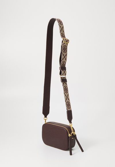 Brown leather crossbody bag with a rectangular shape, featuring a patterned strap in beige and brown with gold hardware accents.