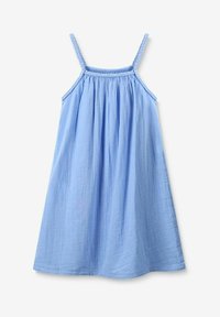 Robe sans manches bleu clair avec de fines bretelles tressées, corsage froncé et une silhouette ample et fluide. Fabriquée dans un tissu léger et doux.