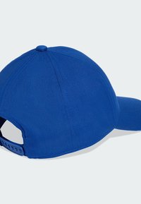 Blue baseball cap made of fabric, featuring a curved brim, six-panel design, and an adjustable strap at the back for sizing.