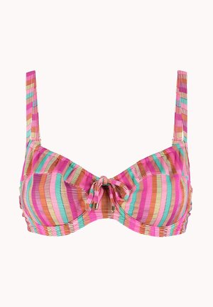 Haut de bikini rayé rose, orange, bleu sarcelle et crème avec bonnets à armatures et noued à l'avant, bretelles réglables, tissu texturé.