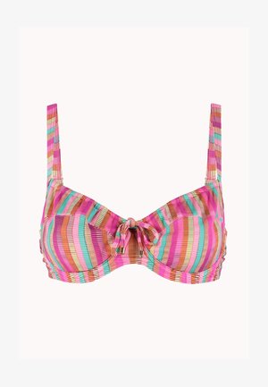 Haut de bikini rayé rose, orange, bleu sarcelle et crème avec bonnets à armatures et noued à l'avant, bretelles réglables, tissu texturé.