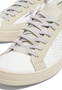 Gros plan de baskets en cuir blanc et daim beige avec des lacets gris clair et une étiquette portant l’inscription "Project Sustainability" sur les lacets.
