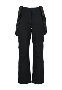 Sorte skibukser med justerbare sorte stropper og knaplukning. Har lige ben-design og forstærkede syninger for holdbarhed.