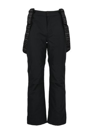 Sorte skibukser med justerbare sorte stropper og knaplukning. Har lige ben-design og forstærkede syninger for holdbarhed.