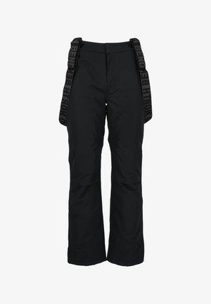 Pantalons de neige noirs avec bretelles réglables noires et fermeture à bouton. Présente un design à jambe droite et des coutures renforcées pour plus de durabilité.