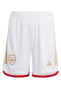 White athletic shorts with gold side stripes, red accents at the hem, featuring an embroidered Arsenal logo and Adidas branding.