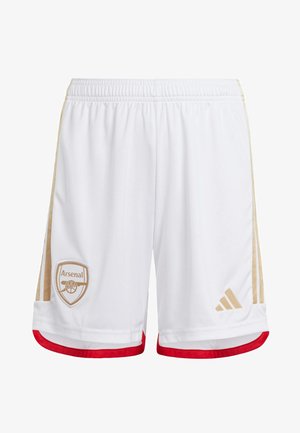 Pantaloni da allenamento bianchi con strisce laterali dorate, dettagli rossi all'orlo, con logo ricamato dell'Arsenal e branding Adidas.