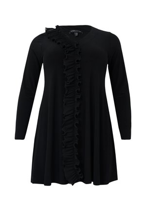 Robe noire à manches longues avec un col en V, présentant un détail froncé vertical sur le devant, confectionnée dans un tissu lisse et extensible.