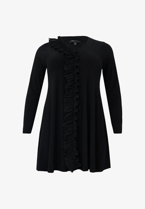 Schwarzes langärmliges Kleid mit V-Ausschnitt, das an der Vorderseite mit einem vertikalen Rüschendetail versehen ist und aus einem glatten, elastischen Stoff besteht.