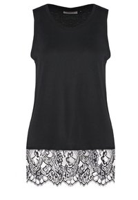 Top senza maniche nero con scollatura rotonda, caratterizzato da un orlo in pizzo nero decorativo che aggiunge texture e contrasto di pattern.