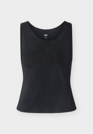 Μαύρο αθλητικό τοπ χωρίς μανίκια με στρογγυλή λαιμόκοψη, με σχεδιασμό από υφή διχτυωτού υφάσματος. Χωρίς μανίκια, με άνετη εφαρμογή, με ελάχιστο λογότυπο ορατό στο εσωτερικό.