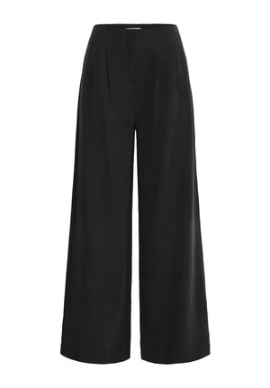 Pantalon noir à jambe large avec taille haute, plis sur le devant et fermeture avant dissimulée.