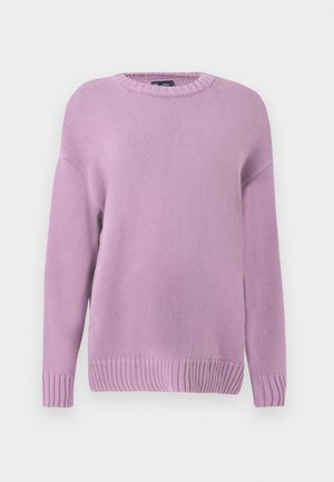 Lilac knit sweater with a crew neckline, long sleeves, ribbed cuffs and hem, featuring a textured, soft finish.