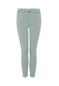 Pantalon vert clair slim fit avec bouton et fermeture éclair à l'avant, passants de ceinture et deux poches avant.