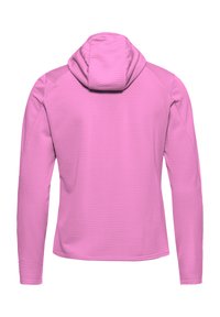 Roze hoodie met ritssluiting, een gestructureerd, geribd patroon, lange mouwen en een aansluitende capuchon. De stof lijkt licht en glad te zijn.