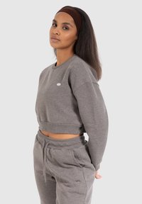 Grijze cropped sweatshirt met geribde mouwen, zilveren logo op de borst, gecombineerd met bijpassende grijze sweatpants met een verstelbare taille.