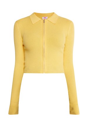 Cardigan croșetat galben, scurt, cu guler și mâneci lungi, având un sistem de închidere prin fermoar în față. Textură moale.