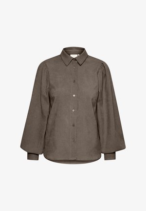 Brown, button-up shirt with a collared neckline, long puffed sleeves, and a soft texture. Features a straight hem and subtle stitching.