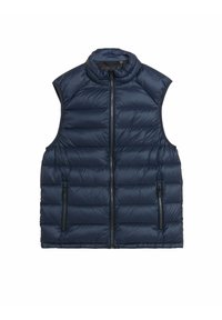 Marineblaue Steppweste mit hohem Kragen, durchgehendem Reißverschluss und zwei Seitentaschen. Verfügt über eine gesteppte Textur und ein ärmelloses Design zum Schichten.