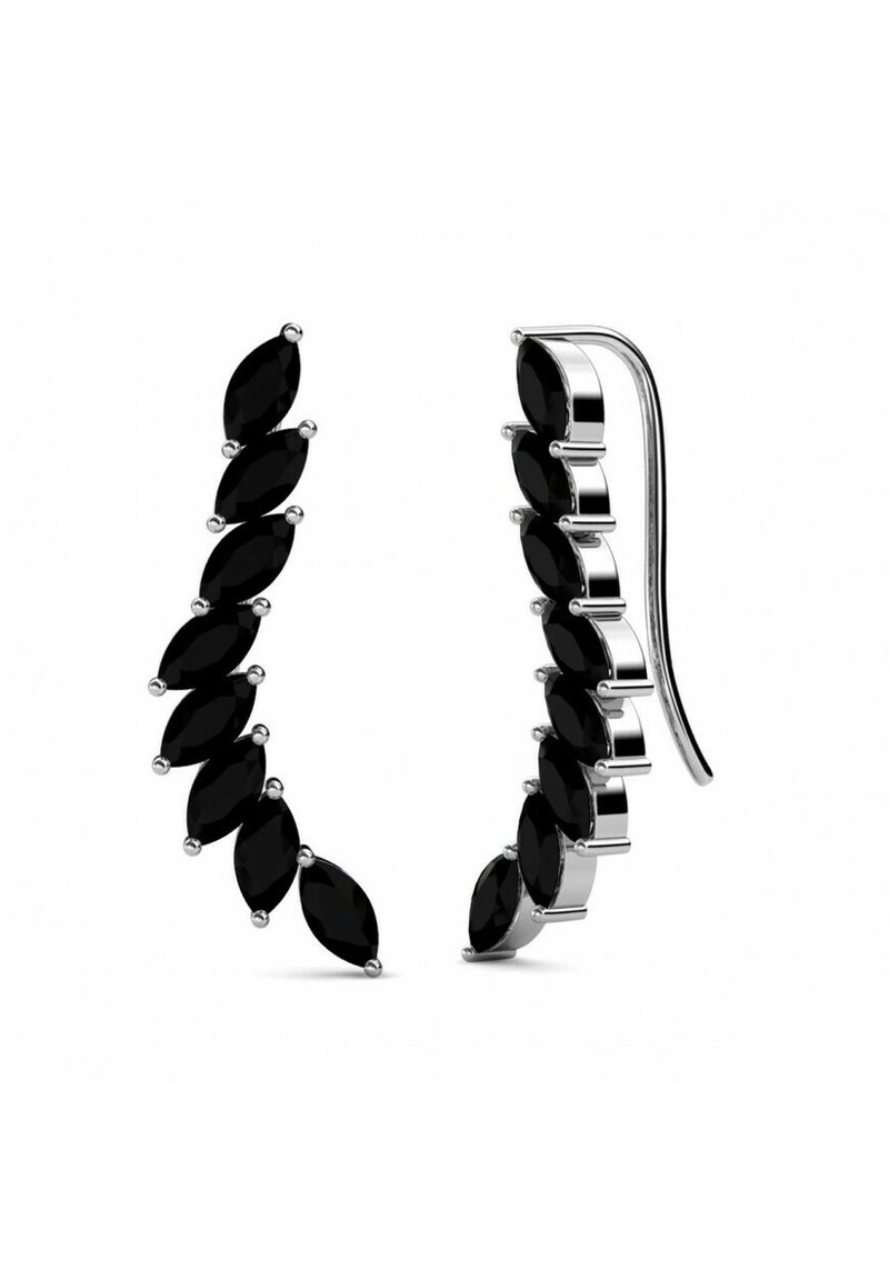 Orecchini a forma di marquise in pietra zaffiro nera, montati su metallo tono argento, con un design elegante e allungato e rifiniture lucide.