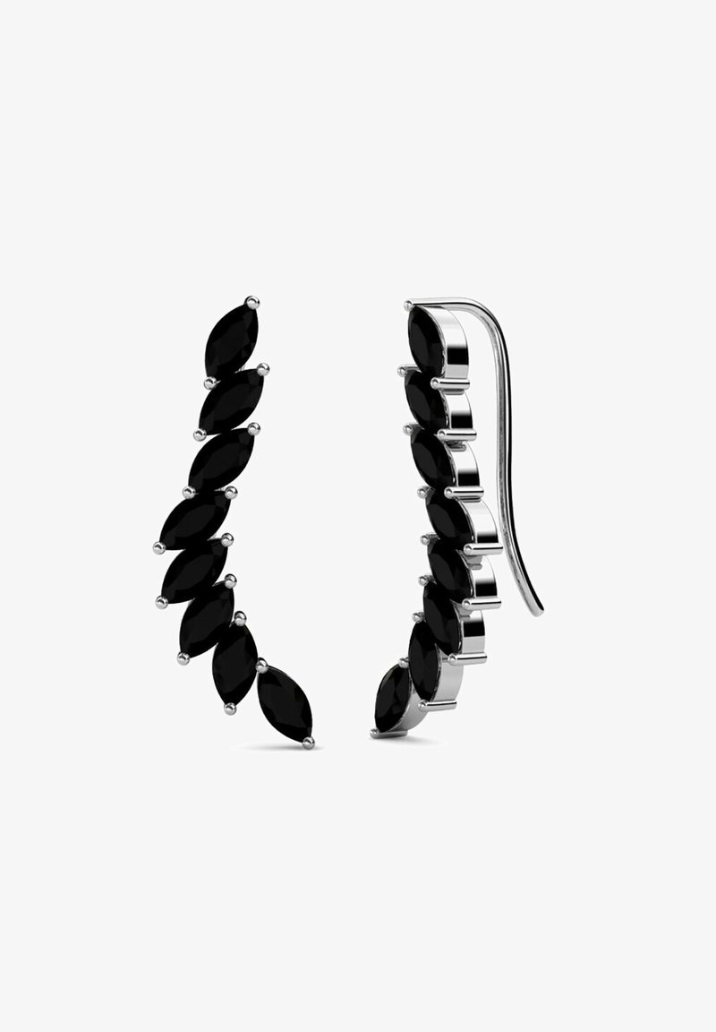 Boucles d'oreilles en pierre de saphir noir en forme de marquise, en métal argenté, présentant un design épuré et allongé avec des accents polis.