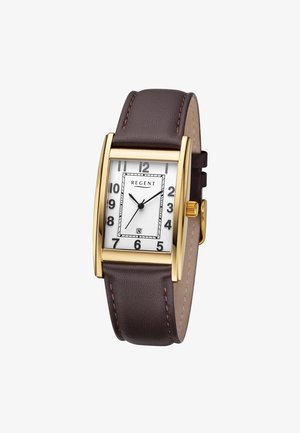 Montre rectangulaire en or avec cadran blanc, chiffres noirs, aiguilles des heures et des minutes noires, bracelet en cuir brun, et affichage de la date à 6 heures.