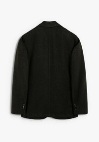 Chaqueta de blazer para hombre en marrón oscuro vista desde la espalda, con mangas largas y detalles de botones en los puños.