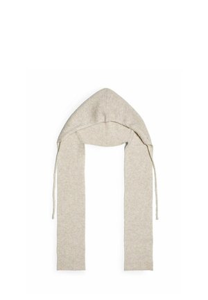 Beige ribbed scarf with a pointed hood and two long ties. Made of textured fabric. Features a seamless knit design.