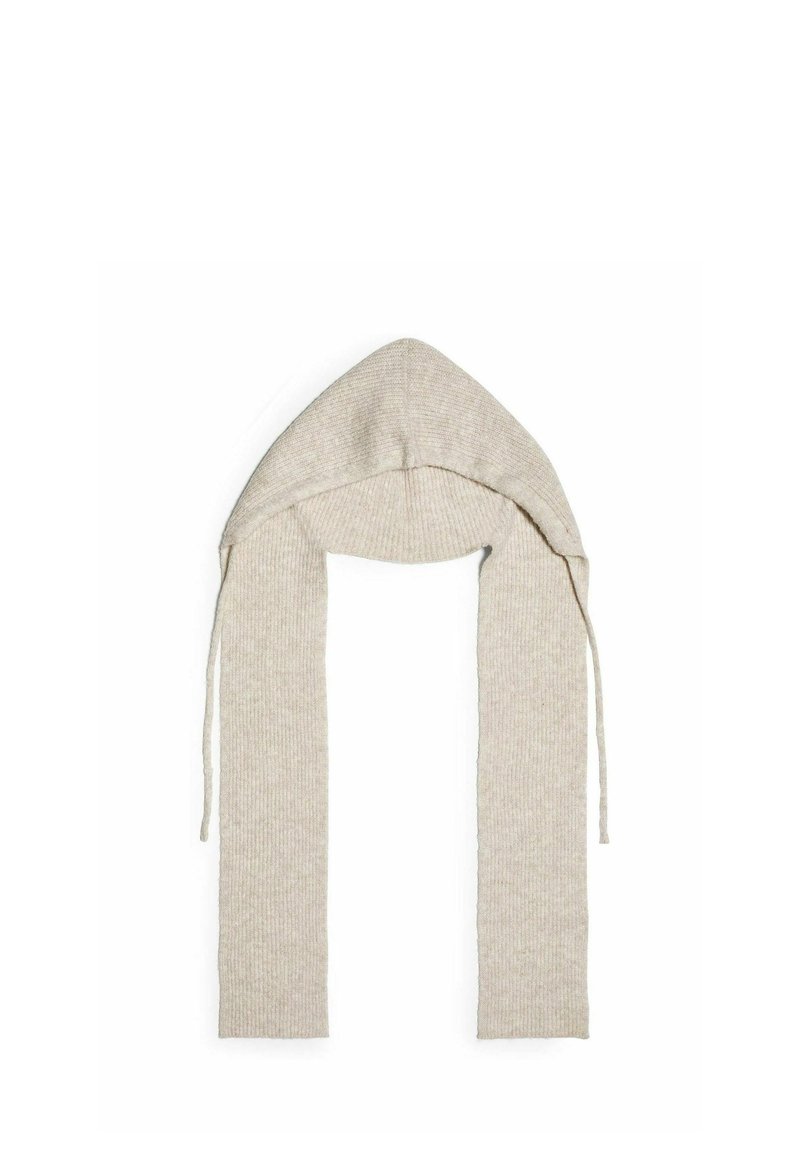 Beżowy, prążkowany szalik z zakończonym na szpic kapturem i dwoma długimi trokami. Wykonany z teksturowanej tkaniny. Charakteryzuje się bezszwowym wzorem dzianinowym.