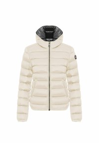 Giacca piumino in avorio con interno nero, dotata di un colletto alto, zip frontale completa, design trapuntato e patch logo sulla manica.
