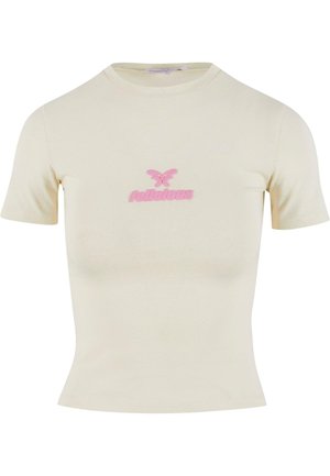 Short-sleeve cream t-shirt with a fitted design. Features pink butterfly and “felicious” embroidery on the front, made from soft cotton material.