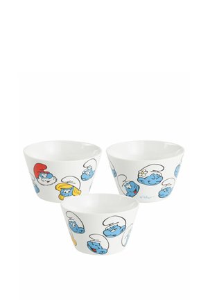 Set di tre ciotole in ceramica bianca con design dei personaggi dei Puffi colorati. Dimensioni variabili con bordi arrotondati e grafiche da cartone distintive.
