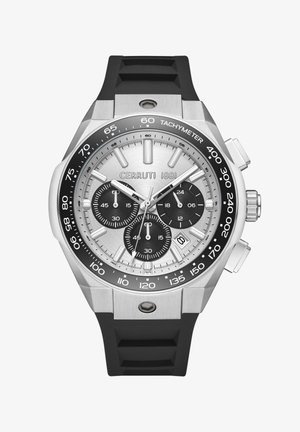 Zegarek chronograf Cerruti 1881 z metalową tarczą w kolorze srebrnym, czarnymi subtarczami, gumowym paskiem, bezelą tachometryczną i srebrnymi akcentami.