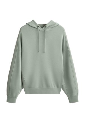 Vaaleanvihreä huppari pehmeästä materiaalista. Siinä on nyöritettävä huppu, roikkuvat olkapäät, ribbaussuunnittelua hihoissa ja rento istuvuus.