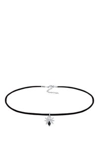Collana in corda nera con pendente a forma di ragno in tonalità argento, arricchita da un dettaglio in pietra nera. Chiusura a catena regolabile per adattarsi alle diverse misure.