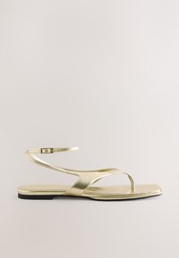 Sandali flat metallici dorati con un design minimalista, caratterizzati da un sottile cinturino sulle dita e una cinghia regolabile alla caviglia. Texture liscia e lucida.