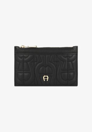 Black leather wallet with embossed geometric pattern, gold-tone hardware for zipper and logo, smooth texture, and rectangular shape.