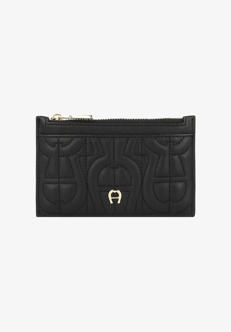 Portafoglio nero in pelle con motivo geometrico in rilievo, ferramenta dorata per la cerniera e il logo, texture liscia e forma rettangolare.