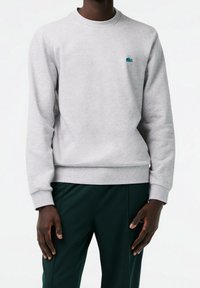 Sudadera gris de algodón, con cuello redondo y puños acanalados. Incluye un pequeño logo azul en el pecho. Tejido texturizado.