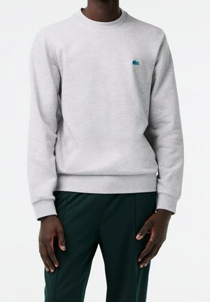 Sudadera gris de algodón, con cuello redondo y puños acanalados. Incluye un pequeño logo azul en el pecho. Tejido texturizado.