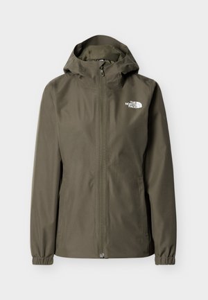 Õlivedroheline veekindel jakk esiluku, reguleeritava kapuutsi, elastsete mansettide ja valge rinnal oleva logoga. Sile, matt tekstuur.